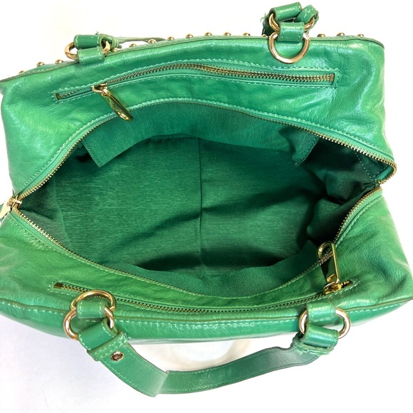 Badgley Mischka Nina Green Leather Studded Satchel Handbag - Picture 12 of 14